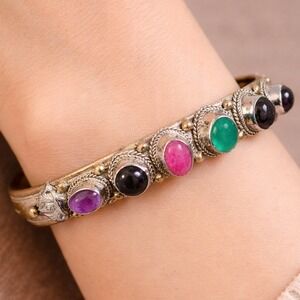 Vintage Mixed Metal Cuff Bracelet with Multicolor Cabochons